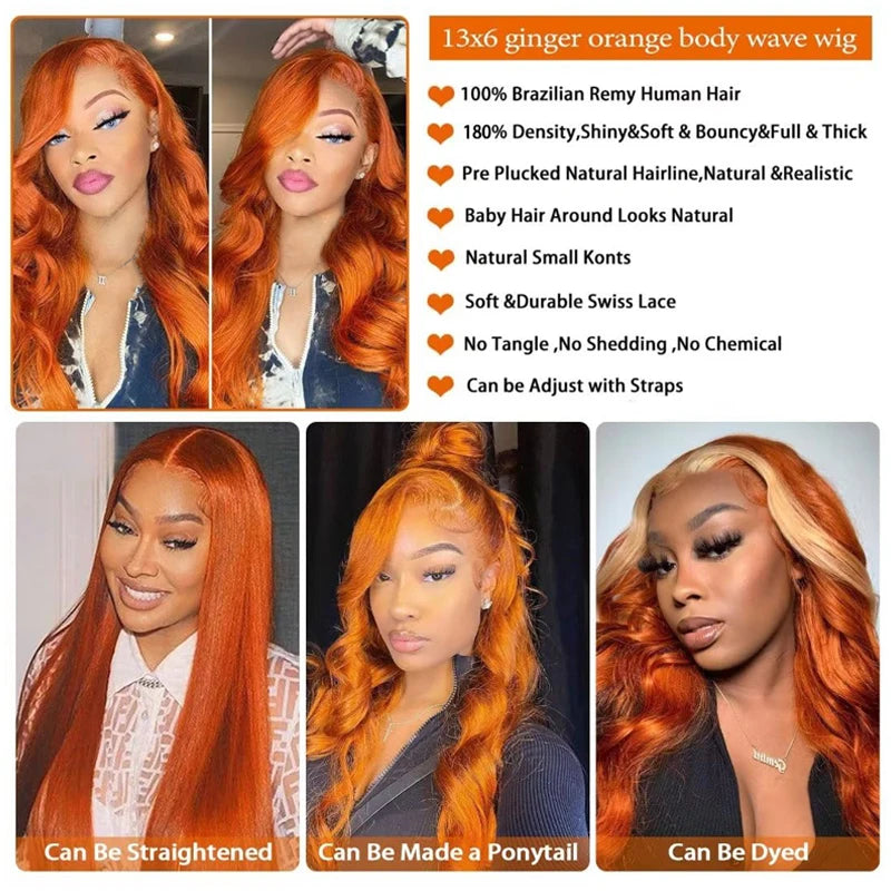 Ginger Orange Body Wave 13x6 Transparent Lace Front Wig