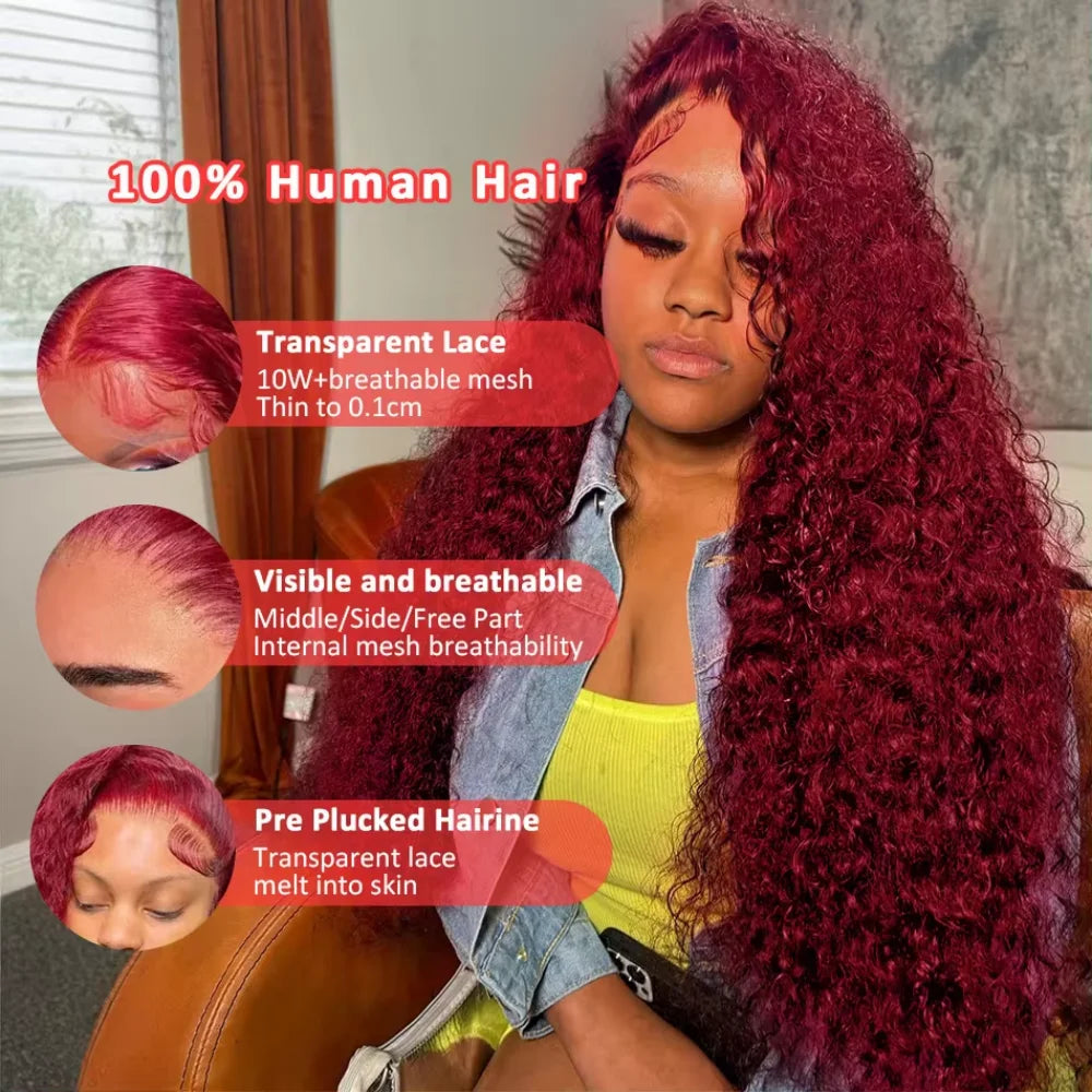 Burgundy 99J Deep Wave HD Lace Frontal Human Hair Wig