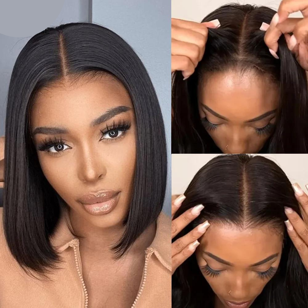 Straight Bob Wigs Pre Cut Bleached Human Hair Lace Frontal Wig